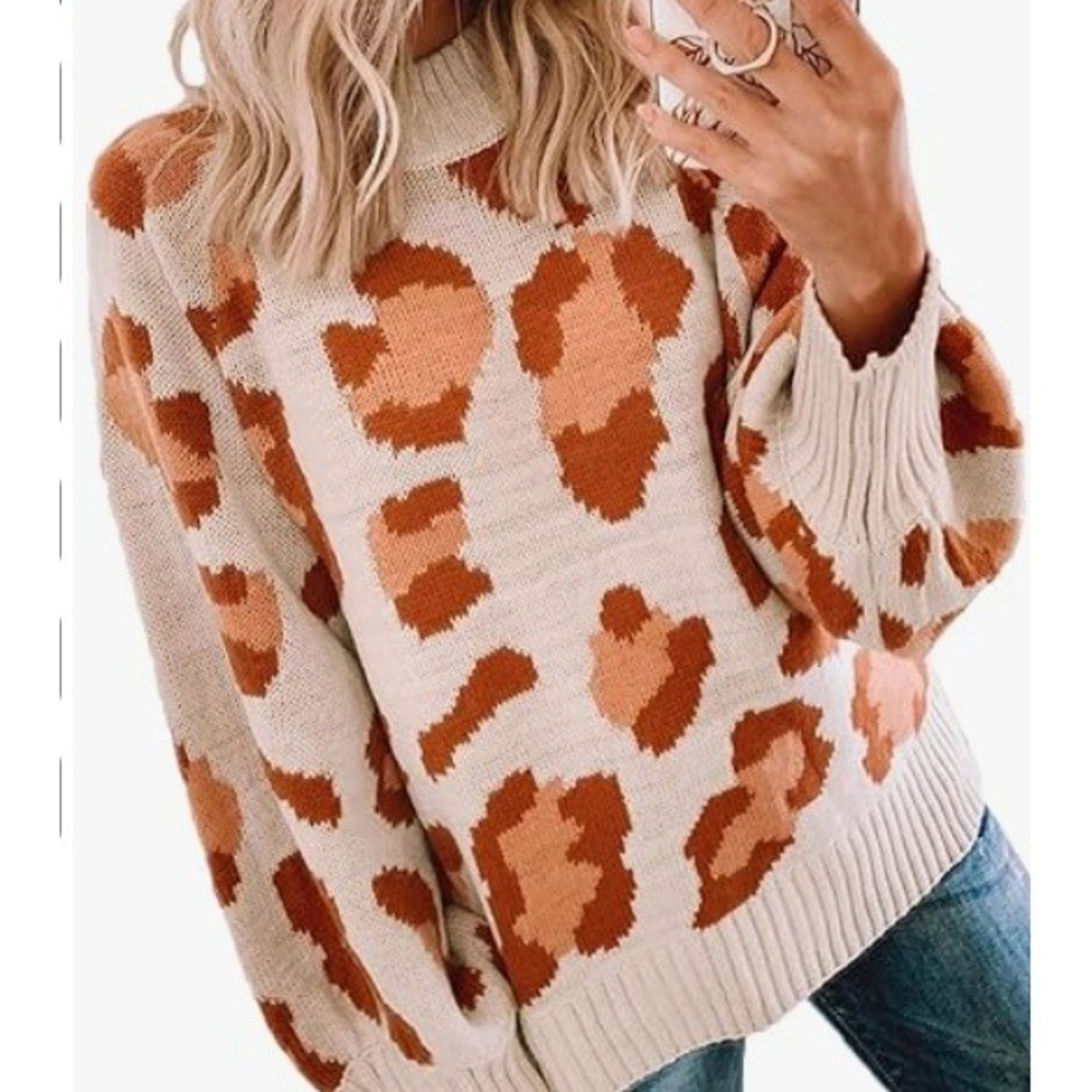 NWT‎ Angashion Women's Beige Tan Brown Leopard Print Pullover Sweater LG